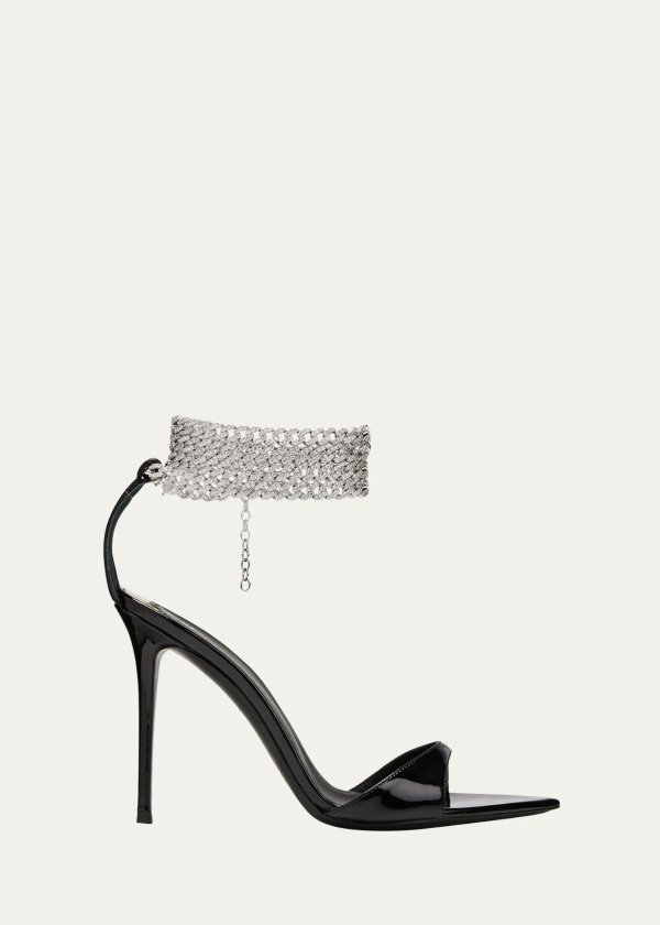 Patent Crystal Ankle-Chain Sandals
