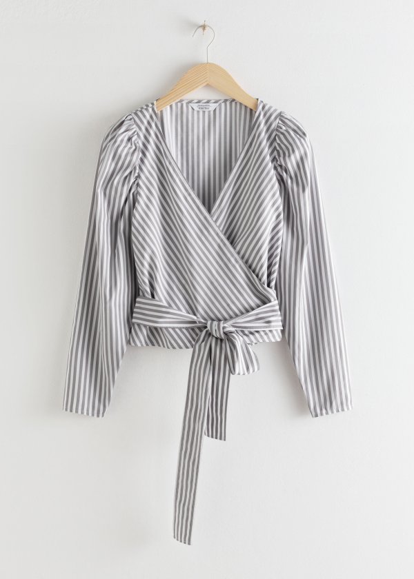 Striped Puff Sleeve Wrap Top