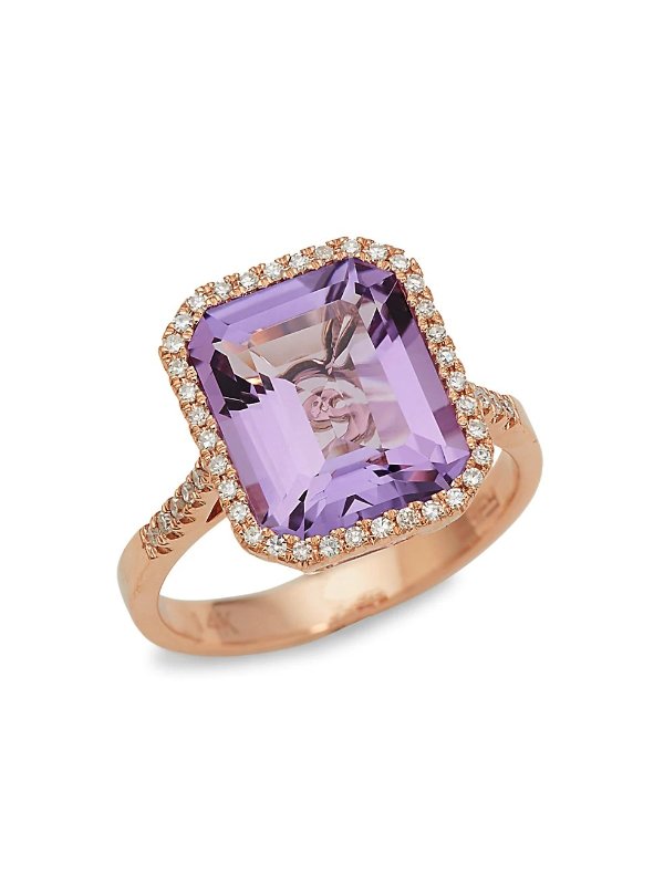 14K 玫瑰金、粉红色紫水晶和钻石戒指/尺寸 7