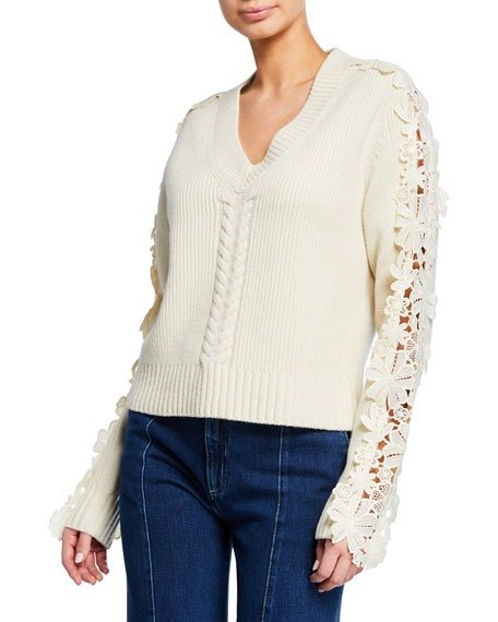 Lace-Trim V-Neck Pullover Sweater