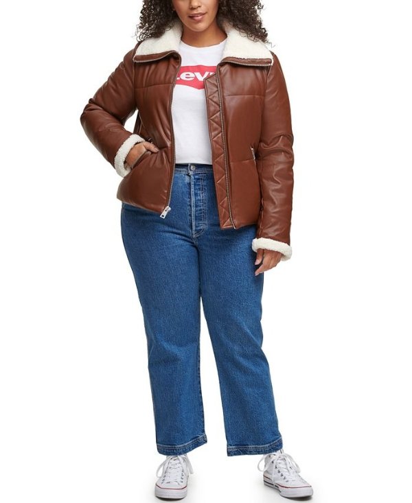 Trendy Plus Size Sherpa-Trimmed Faux-Leather Puffer Coat
