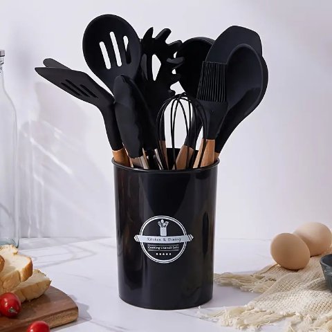 Non-stick Silicone Kitchenware Set With Milk White Wooden Handles - Perfect  For Cooking And Baking! - Temu