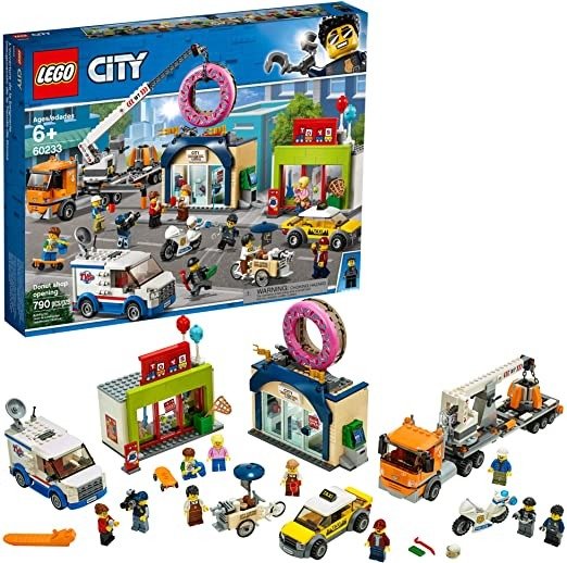 City Donut Shop Opening 60233 Store Opening Build and Play with Toy Taxi, Van and Truck with Crane, Easy Build with Minifigures for Boys and Girls (790 Pieces)