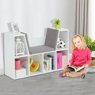 Kinbor Kids Wooden Bookcase 6-Cubby Multi Purpose Bedroom Storage Organizer with Reading Nook Storage Gray Cushion,White