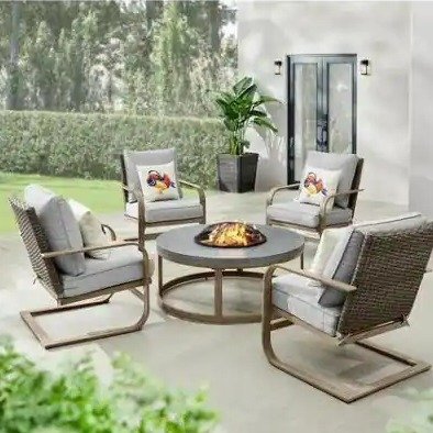 Hampshire Place 5-Piece Steel Wicker Patio Fire Pit Set with CushionGuard Stone Gray Cushions