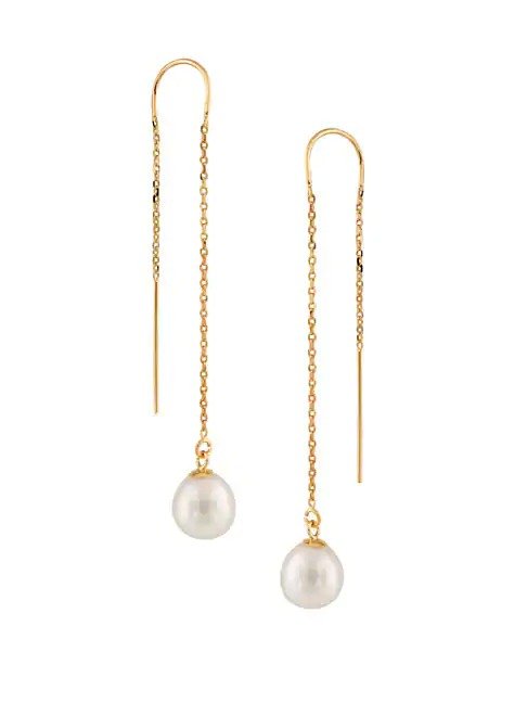Masako Masako Pearls 7.5-8MM White Drop Pearl & 14K Yellow Gold U-Threader Chain Earrings