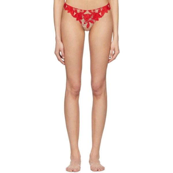 Beige & Red Embroidery Lily Thong