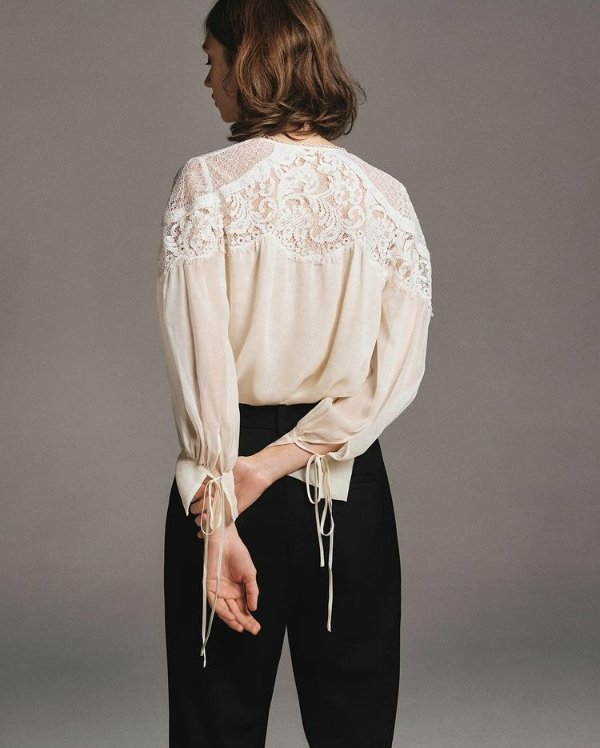Chiffon And Lace Long Sleeve Blouse | Rebecca Taylor