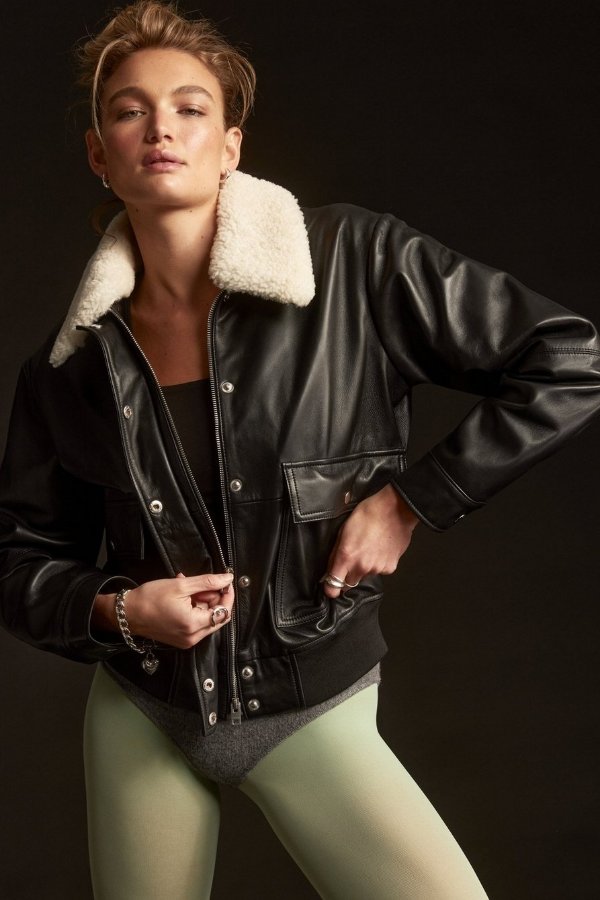 shearling collar leather bomber jacket