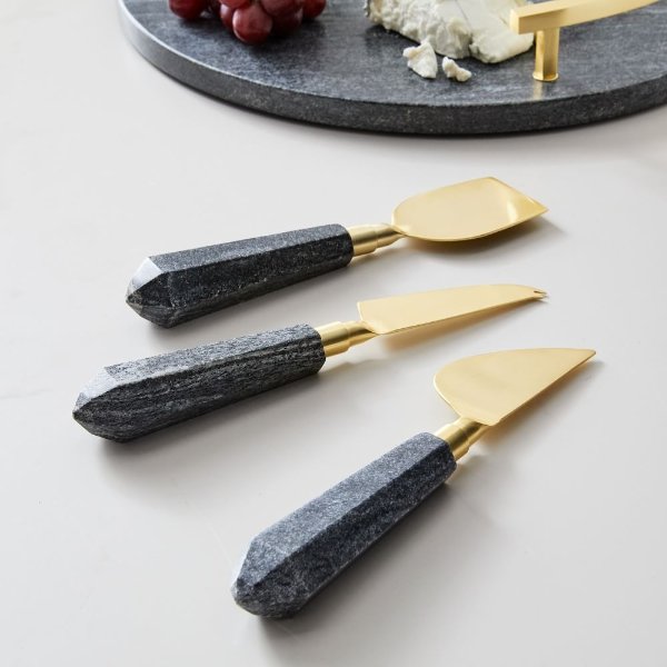 Brass & Black Marble Cheese Knives (Set of 3)