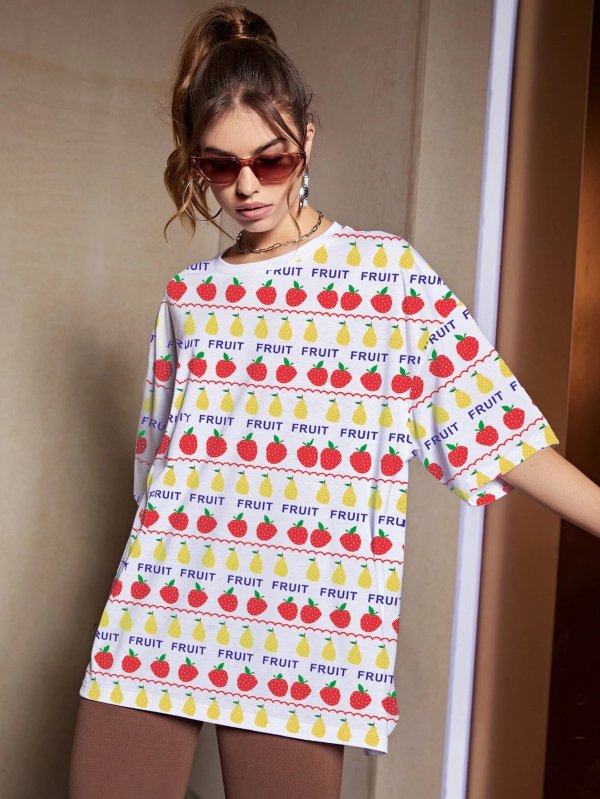 Fruits And Letter Graphic Drop Shoulder Oversized Tee