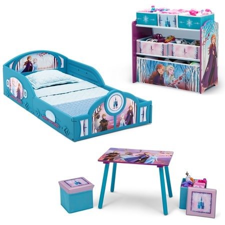 Disney Frozen II 5-Piece Toddler Bedroom Set by Delta Children - Includes Toddler Bed, Table & Ottoman Set, Multi-Bin Toy Organizer