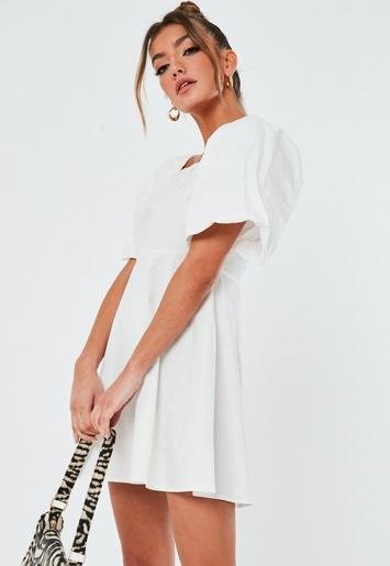 - White Poplin Puff Sleeve Milkmaid Mini Dress