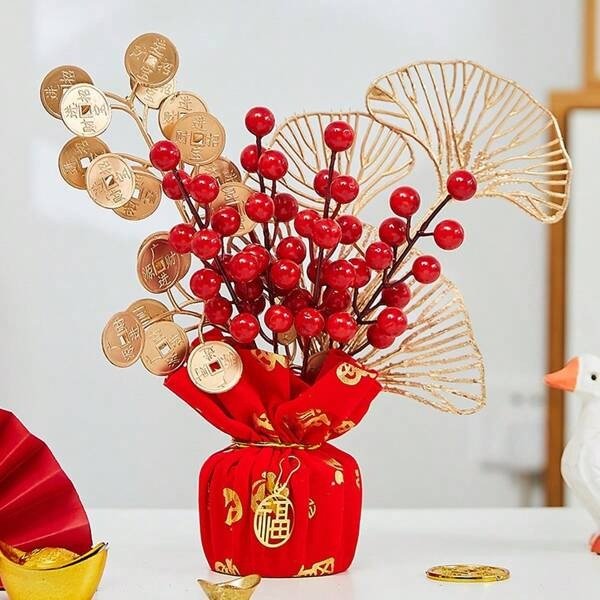 1pc Artificial Red Fruit Tree Desktop Decoration, 9.8in/25cm Desk Bonsai Perfect For Chinese New Year Celebration, Table & Room Decoration