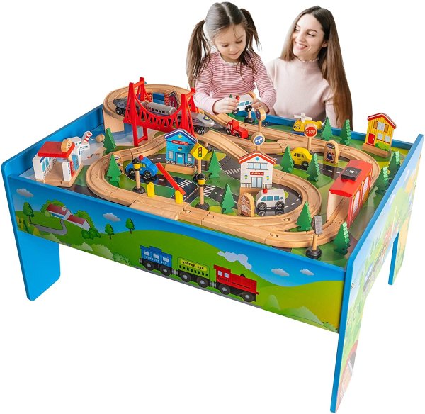 儿童火车桌轨道玩具，含超过100个配件