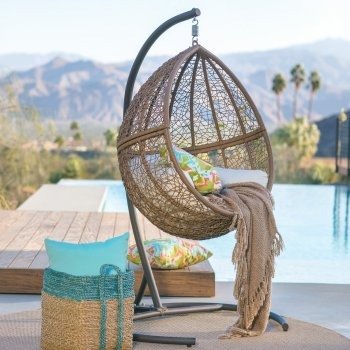 Tanna Tear Drop Resin Wicker Hanging Egg Chair with Cushion and Stand