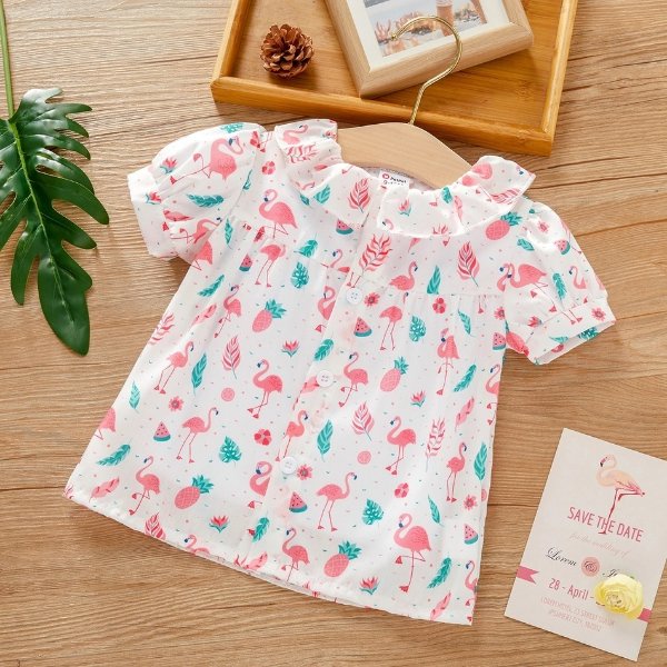 1pc Baby Girl Short-sleeve Cotton casual Animal & Pink flamingos Shirt & Smock