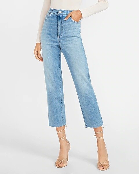Super High Waisted Faded Raw Hem Straight Jeans