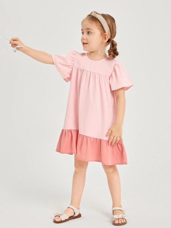 Toddler Girls Colorblock Puff Sleeve Ruffle Hem Smock Dress