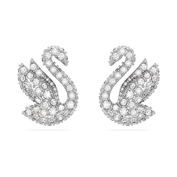 Iconic Swan stud earrings, Swan, White, Rhodium plated by