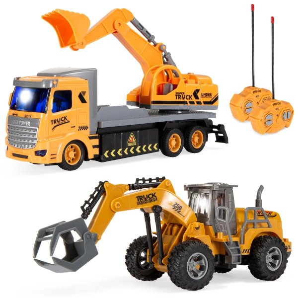 2-Pack Remote Control RC Construction Trucks with LED Lights for Kids