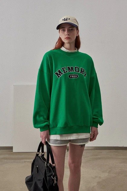 Loose Fit Memory Letters Embroidered Crewneck Sweatshirt / BV Green