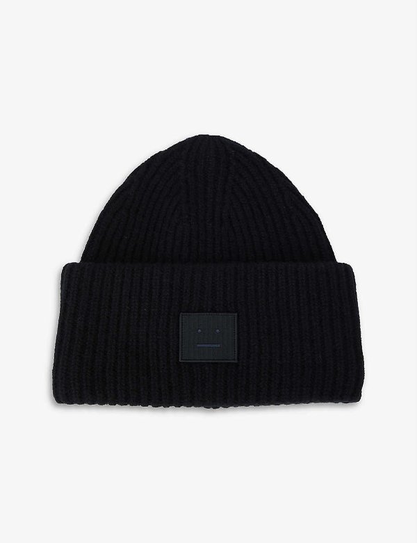 Face logo-patch wool beanie hat