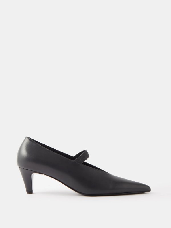 Point-toe leather Mary Jane pumps