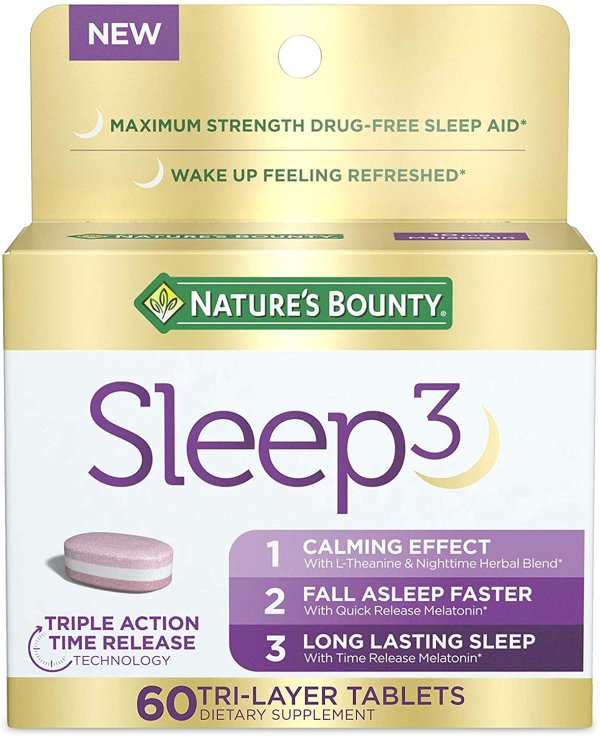 Melatonin by, Sleep3 Maximum Strength 100% Drug Free Sleep Aid, Dietary Supplement, L-Theanine & Nighttime Herbal Blend Time Release Technology, 10mg, 60 Tri-Layered Tablets