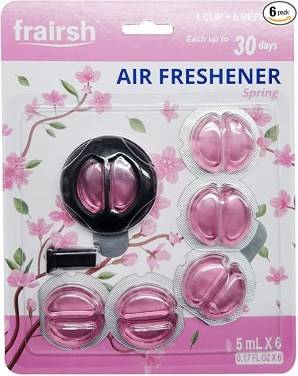 Spring Scent Car Air Freshener Vent Clips 6 Pack, 5ml each, Up to 180 Days Long Lasting Flower and Plant Based Essential Oil Car Air Freshener Odor Neutralization, 0.17 fl oz x 6