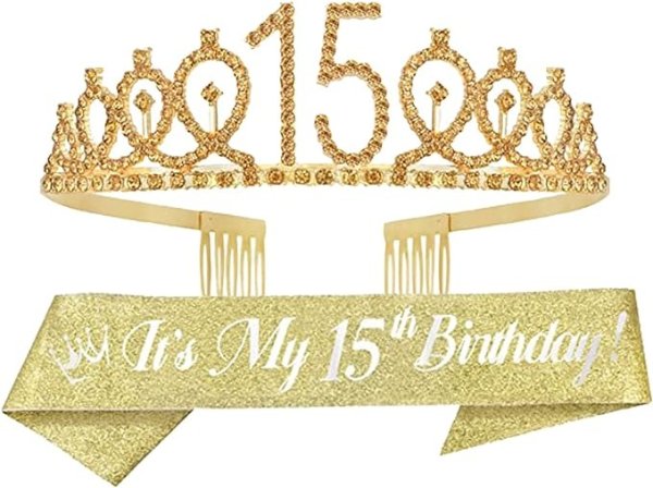 EBE EmmasbyEmma 15th Birthday Sash and Tiara for Girls - Fabulous Set: Glitter Sash + Loops Rhinestone Gold Premium Metal Tiara, 15th Birthday Gifts for Teenegers Party