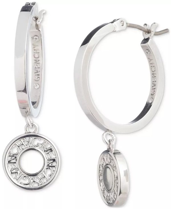 Silver-Tone Logo Embossed Coin Charm Hoop Earrings