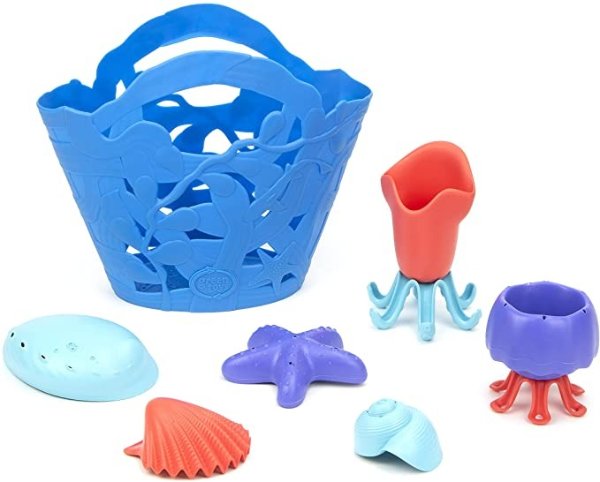 Toys Oceanbound Tide Pool Set - 7 Piece Pretend Play, Motor Skills, Kids Bath Toy Floating Pouring Shells with Storage Bag. No BPA, phthalates, PVC. Dishwasher Safe, Recycled Plastic, Made in USA.