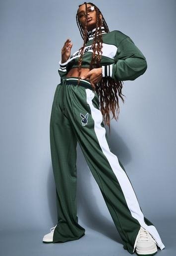 Missguided US Missguided - Playboy xGreen Varsity Wide Leg Tricot