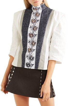 Embellished embroidered linen, tweed and canvas blouse