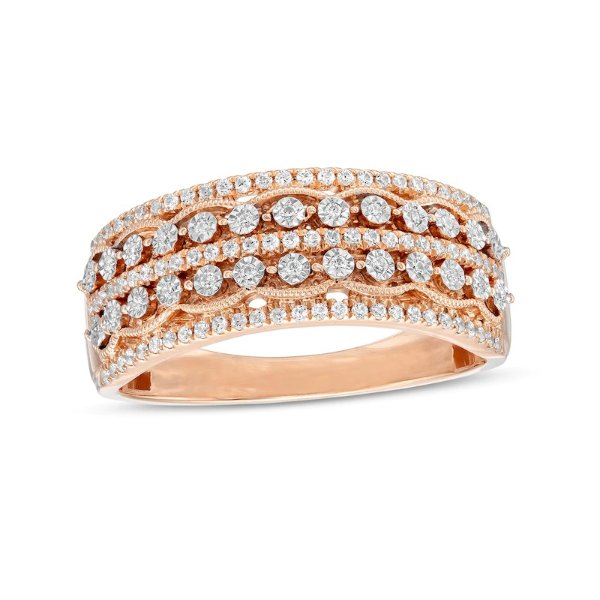 1/4 CT. T.W. Diamond Vintage-Style Multi-Row Anniversary Band in 10K Rose Gold|Zales