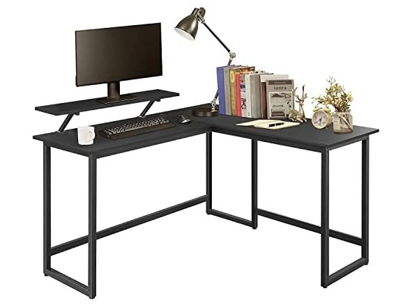 dreamlify L Shape Computer Desk - Spacious 55 inch Corner Desk Home Office Desk Gaming Desk with Reversible Monitor Stand and Adjustable Feet, Easy Assembly, Black