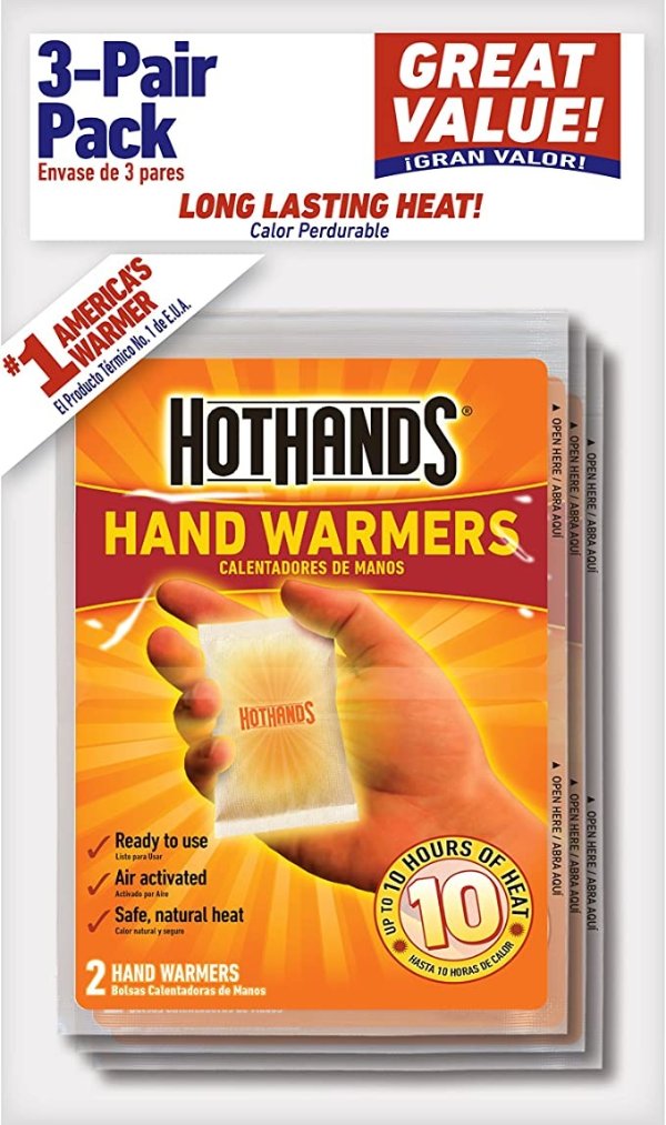 Hand Warmers - Long Lasting Safe Natural Odorless Air Activated Warmers - Up to 10 Hours of Heat - 3 Pair