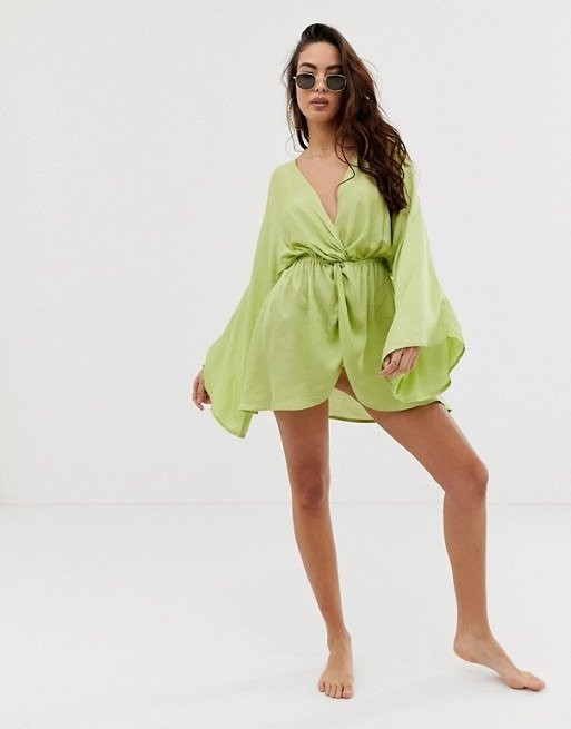satin twist front beach cover up in chartreuse | ASOS