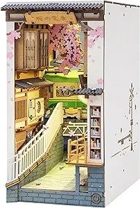 ROBOTIME DIY Book Nook Kit Decorative Bookend Insert Bookcase Book Stand Miniature House Kit with LED Light Creative Gift for Birthdays (Sakura Tram)