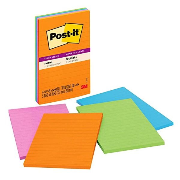 Super Sticky Notes, 4x6 in, 4 Pads, 2x the Sticking Power, Rio de Janerio Collection, Bright Colors (Orange, Pink, Blue, Green),Recyclable (4621-SSAU)