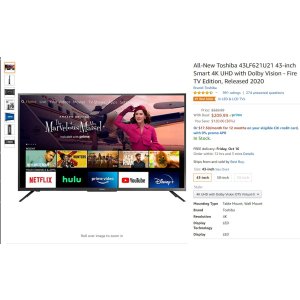 $209.99 All-New Toshiba 43LF621U21 43-inch Smart 4K UHD with Dolby Vision - Fire TV Edition, Released 2020电视