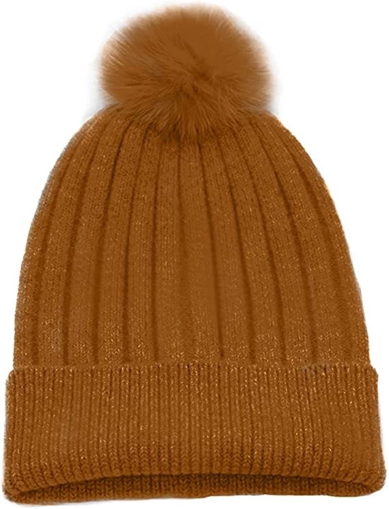 Women's Real Fur Pom-Pom Beanie 100% Pure Cashmere Cuffed Brim Hat Ultra-Soft and Warm