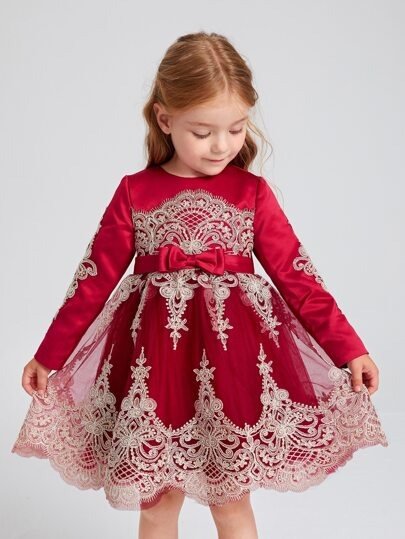 Toddler Girls Bow Front Embroidery Mesh Gown Dress