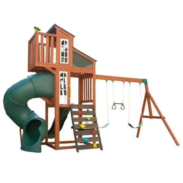 Austin Wooden Outdoor Swing Set with Slides, Swings, Kitchen and Rock Wall