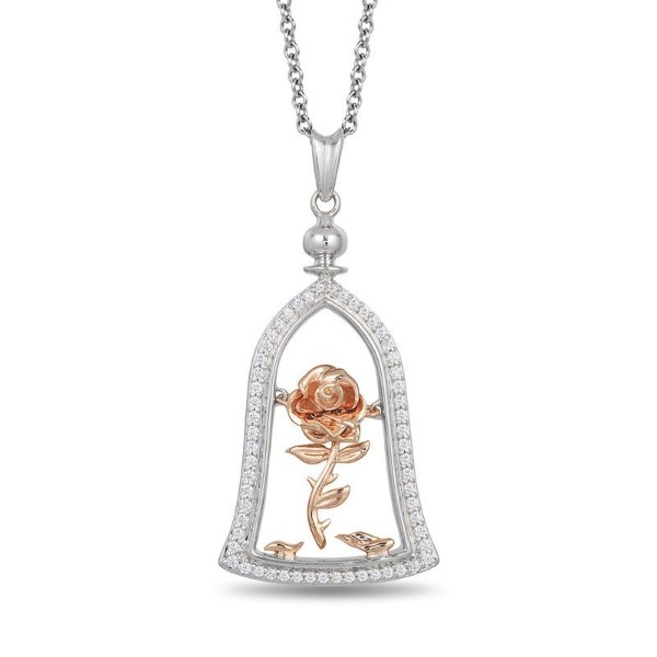 Enchanted Disney Belle 1/5 CT. T.W. Diamond Rose in Dome Pendant in Sterling Silver and 10K Rose Gold - 19&quot;|Zales
