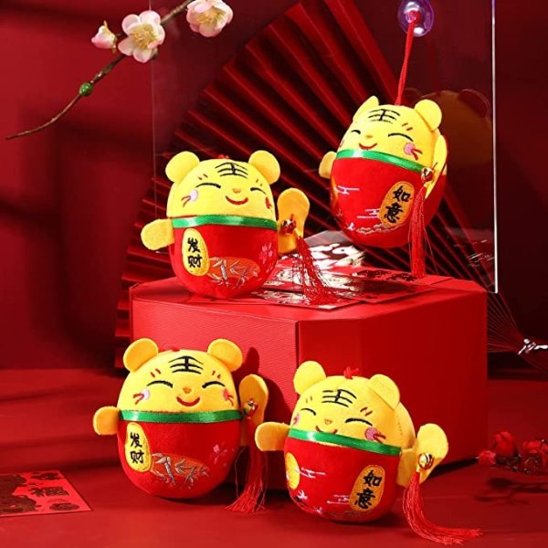 6 Pieces Chinese New Year Decorations Tiger Ornament with Bell and Red Tassel 2022 Year of The Tiger Festival Good Luck Plush Tiger Toy Stuffed Animal for Gift Table Shelf Home Decor, 4.7 Inches