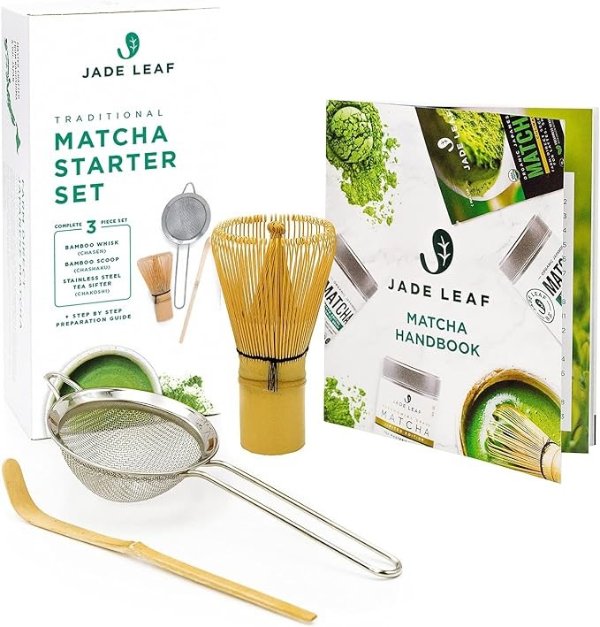 Jade Leaf - Traditional Matcha Starter Set - Bamboo Whisk (Chasen), Bamboo Scoop (Chashaku), Stainless Steel Sifter, Preparation Guide