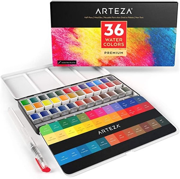 Watercolor Paint, Set of 36 Assorted Vibrant Colors in Half Pans (in Tin Box) with Water Brush Pen for Artists, Art Painting, Ideal for Watercolor Techniques
