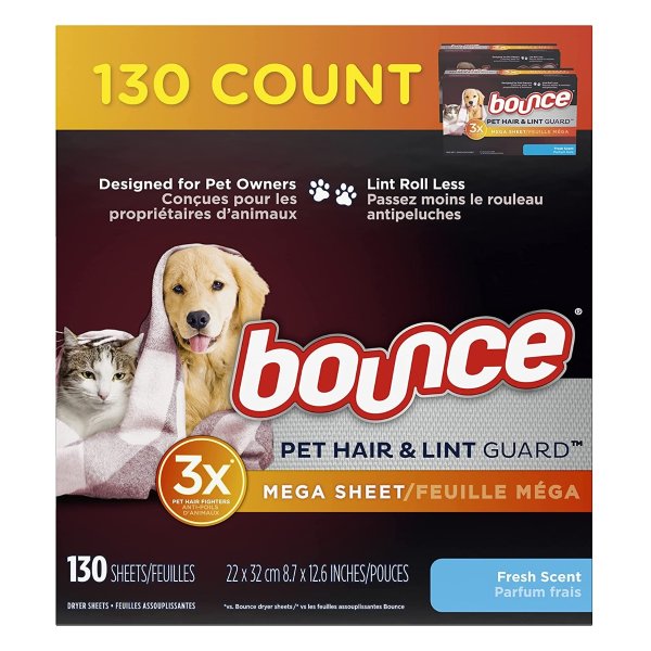 Pet Hair and Lint Guard Mega Dryer Sheets with 3X Pet Hair Fighters, Fresh Scent, 130 Count